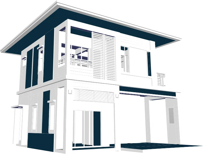 Three-dimensional architectural model of a white contemporary home with blue-gray roof details