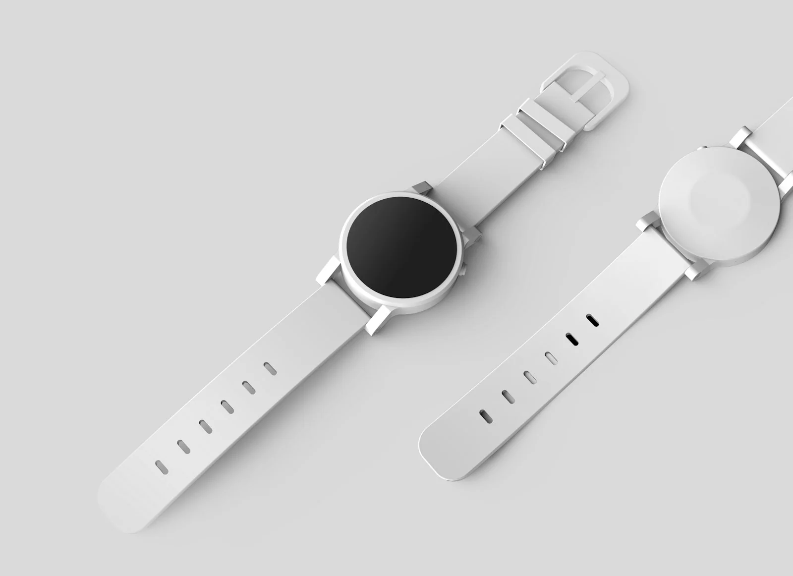 Minimal white-dial watch with a pale strap against a light backdrop