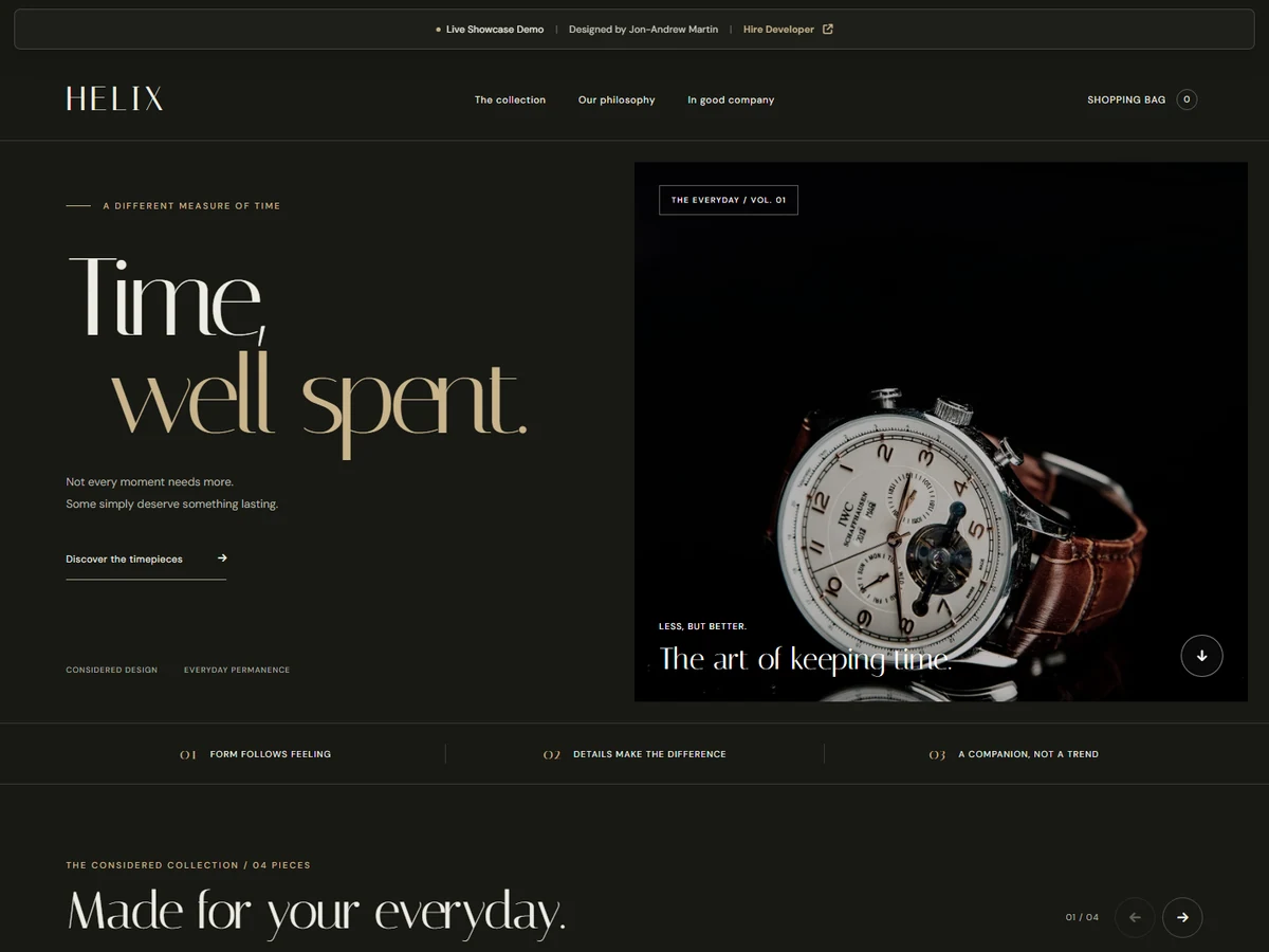 Screenshot of the Helix live website — Luxury / Concept commerce