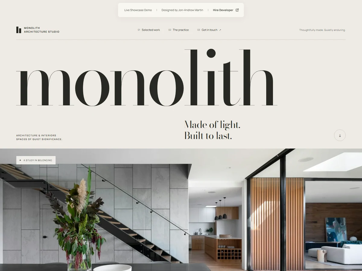 Screenshot of the Monolith live website — Architecture / Interiors