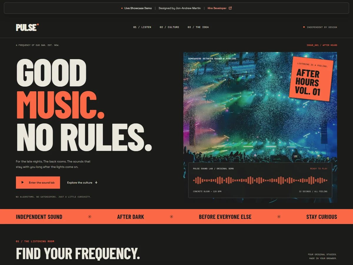 Screenshot of the Pulse live website — Music / Independent culture